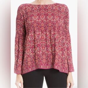 Max Studio Women's Crepe Pleated Blouse Floral Size Large Orange Long Sleeves